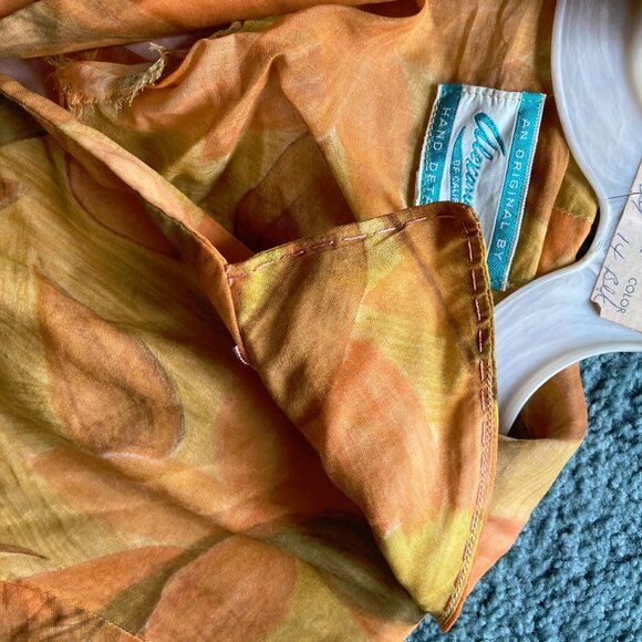 1950s short sleeve belted waist hidden button front orange brown pattern dress - Picture 10 of 16